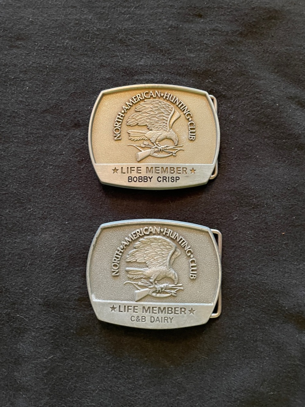 Set of 2 Vintage North American Hunting Club Life Member Belt Buckles - Silver